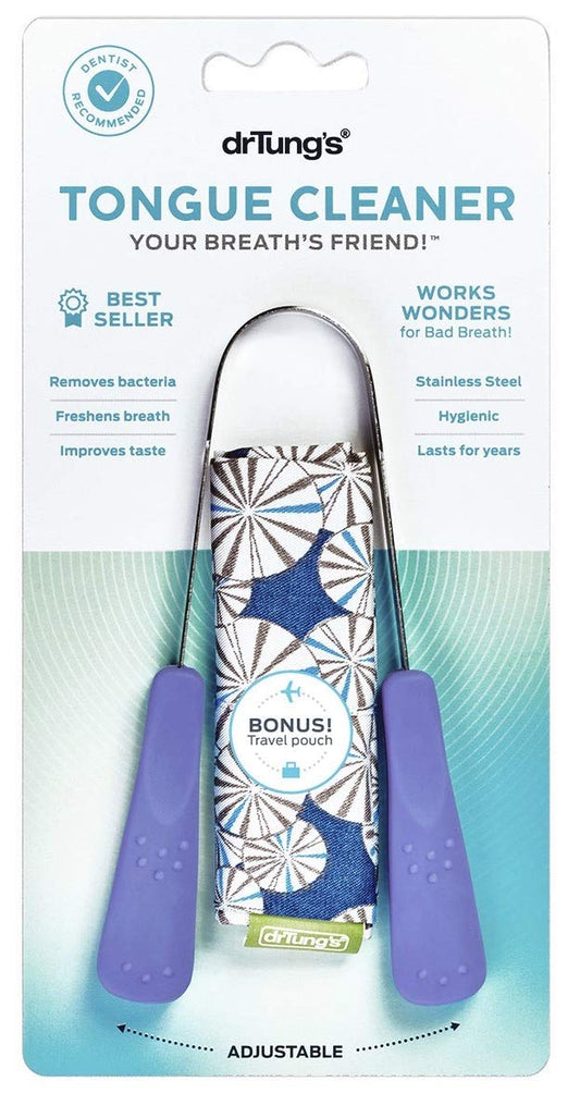 DrTungÕs Stainless Steel Metal Tongue Scraper - Tongue Cleaner for Adults, Kids, Helps Freshen Breath, Easy to Use Comfort Grip Handle, Comes with Fabric Travel Pouch - 1 Pack