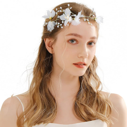 Yumikoo White Flower Bride Elf Headpiece - Wedding Hair Accessories Fairy Headband Jewelry Women