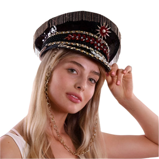 Premium Black Sequin Fisherman Hat w/ Chain and Red Gems