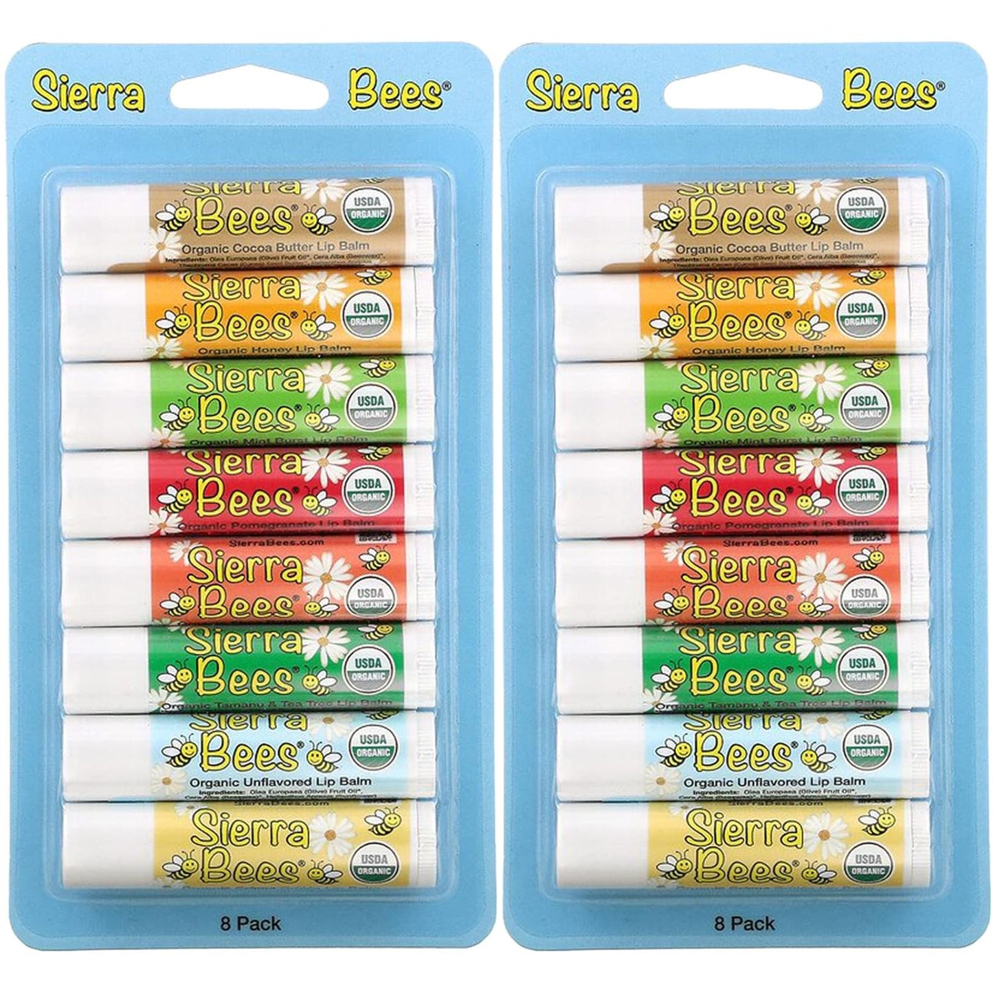 Organic Lip Balm by Sierra Bees - Moisturizing Balm for Chapped Lips - Featuring Sustainably Sourced Beeswax, Olive Oil, Sunflower Oil, & Vitamin E - Variety 8 Pack - Pack of 2