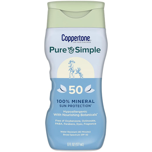 Coppertone Pure and Simple Zinc Oxide Mineral Sunscreen Lotion SPF 50, Body Sunscreen, Water Resistant, Broad Spectrum SPF 50 Sunscreen for Sensitive Skin, 6 Fl Oz Bottle