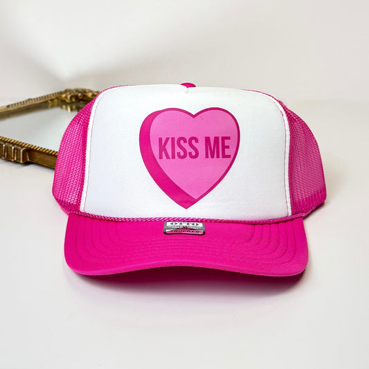 Kiss Me Conversation Heart Foam Trucker Hat in Hot Pink and White