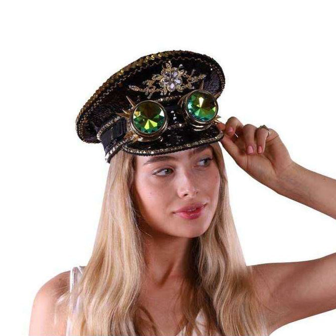 Burning Man Black Gold Sequin Hat w/ Spiked Goggles