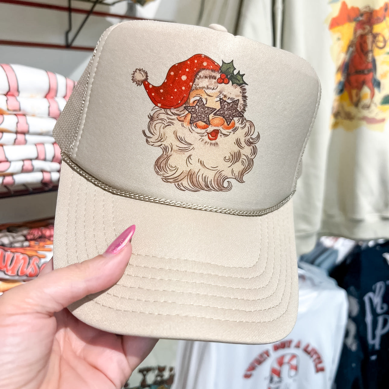 Santa with Star Eyes Foam Trucker Cap in Cream