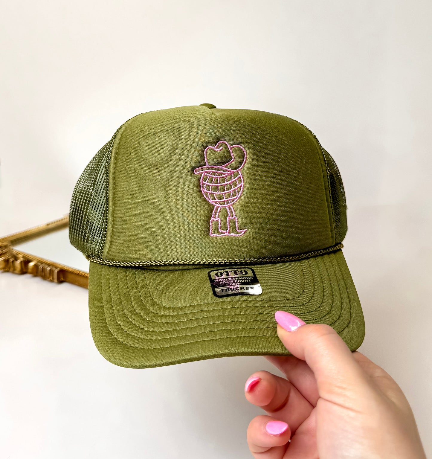 Cowgirl Disco Ball Foam Trucker Hat in Army Green and Pink