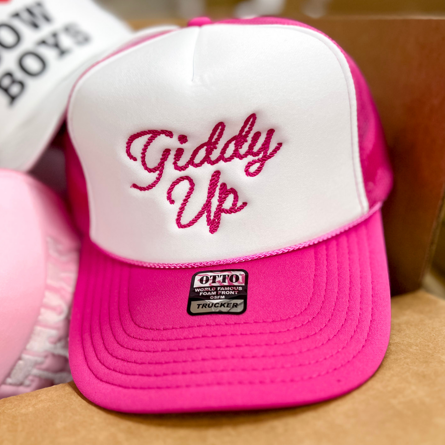 Giddy Up Foam Trucker Hat in Hot Pink and White