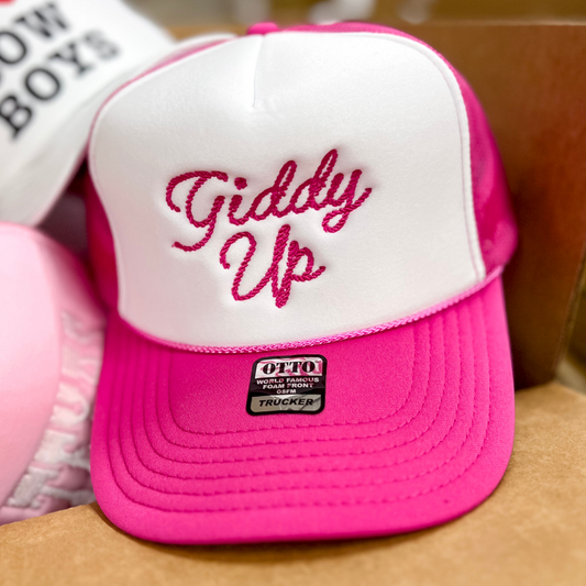 Giddy Up Foam Trucker Hat in Hot Pink and White