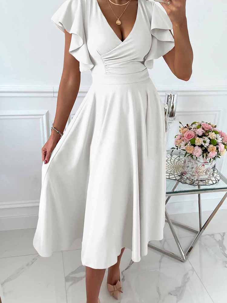 Ruffled Short Sleeves V-neck Midi Skirt