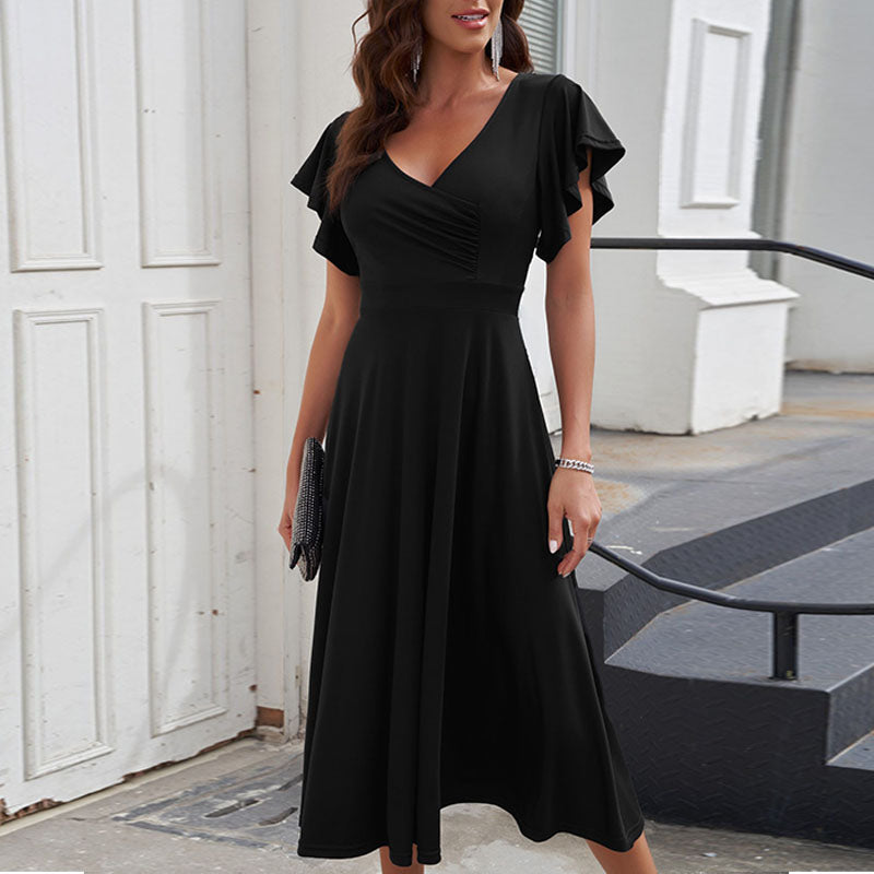 Ruffled Short Sleeves V-neck Midi Skirt