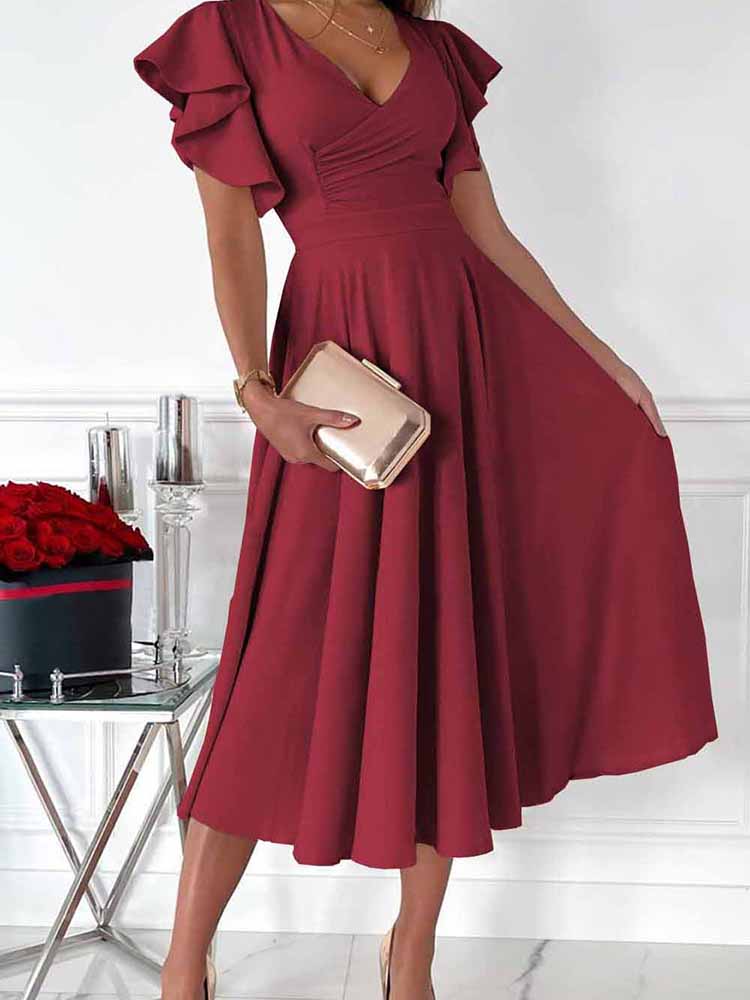 Ruffled Short Sleeves V-neck Midi Skirt