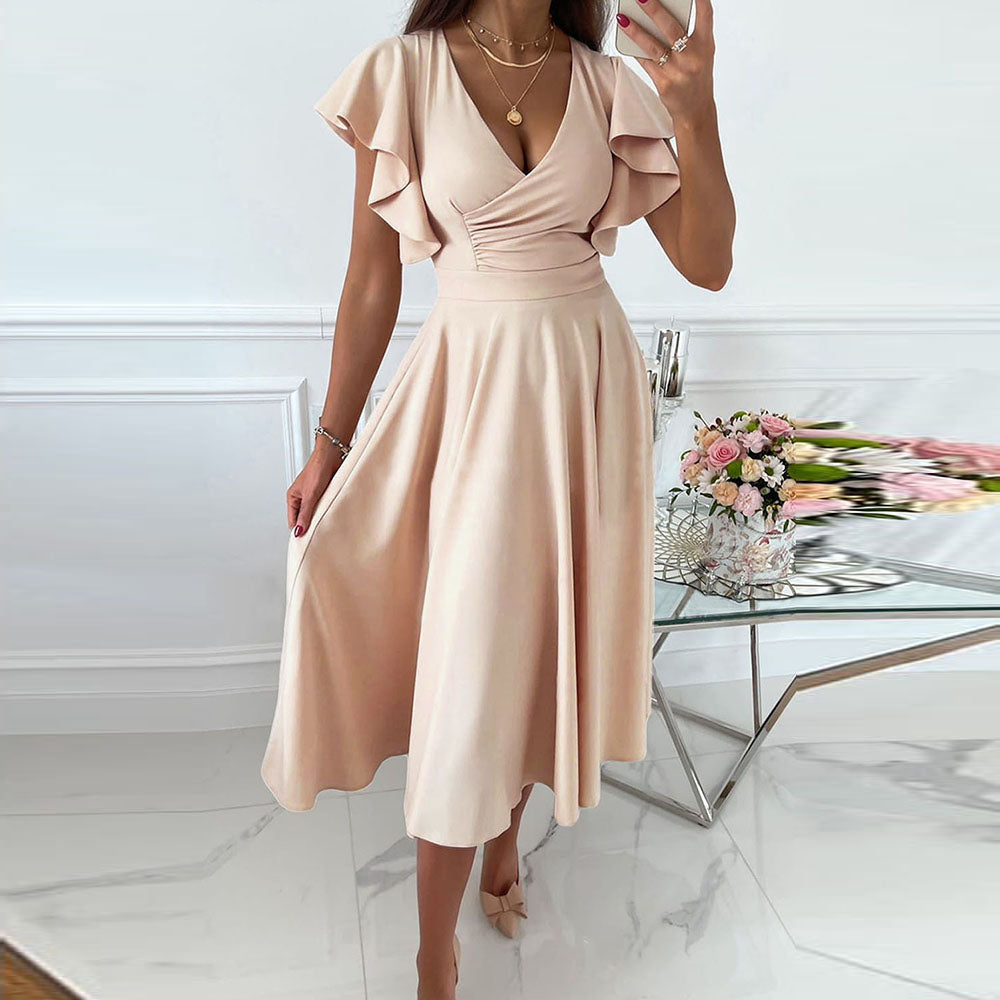 Ruffled Short Sleeves V-neck Midi Skirt