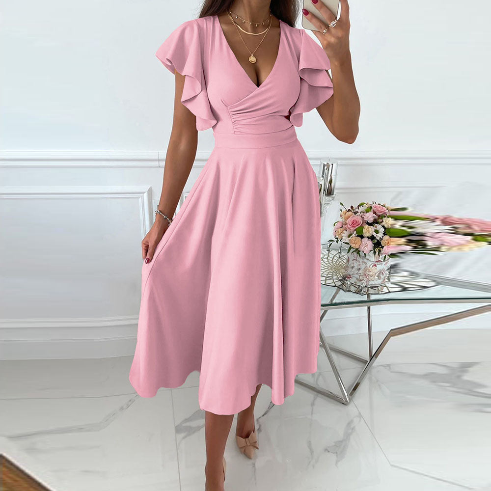 Ruffled Short Sleeves V-neck Midi Skirt