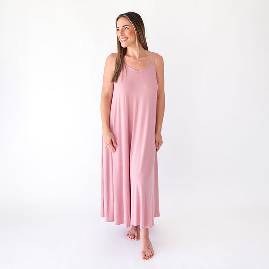 Dusty Rose Ribbed Women's Sleeveless Maxi Dress