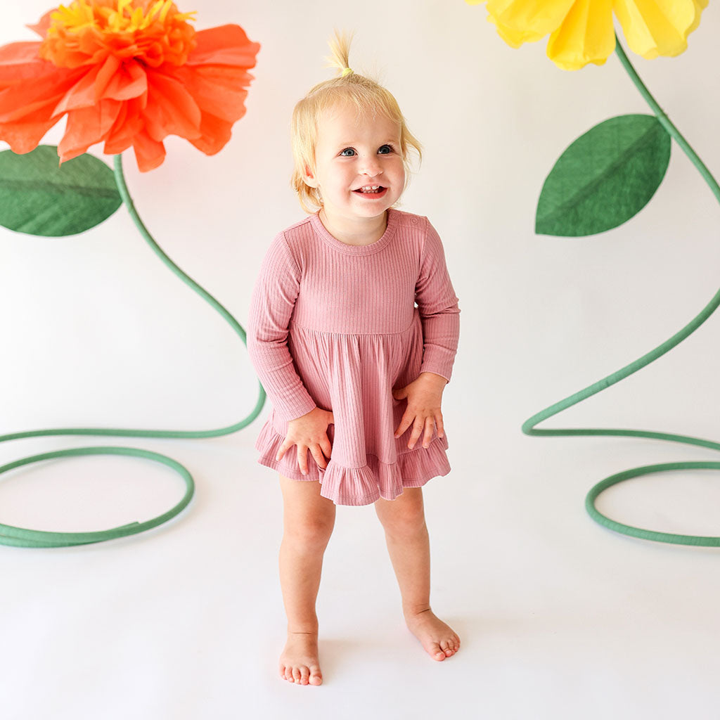 Dusty Rose Ribbed Long Sleeve Ruffled Bodysuit Dress