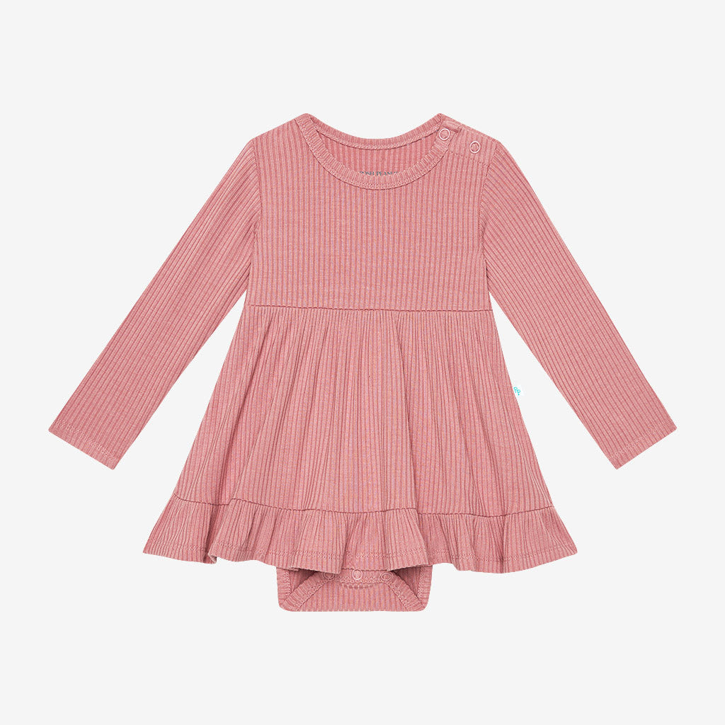 Dusty Rose Ribbed Long Sleeve Ruffled Bodysuit Dress
