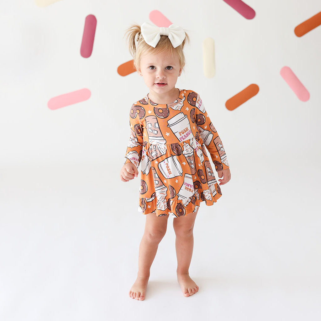 Coffee & Donuts Long Sleeve Ruffled Bodysuit Dress