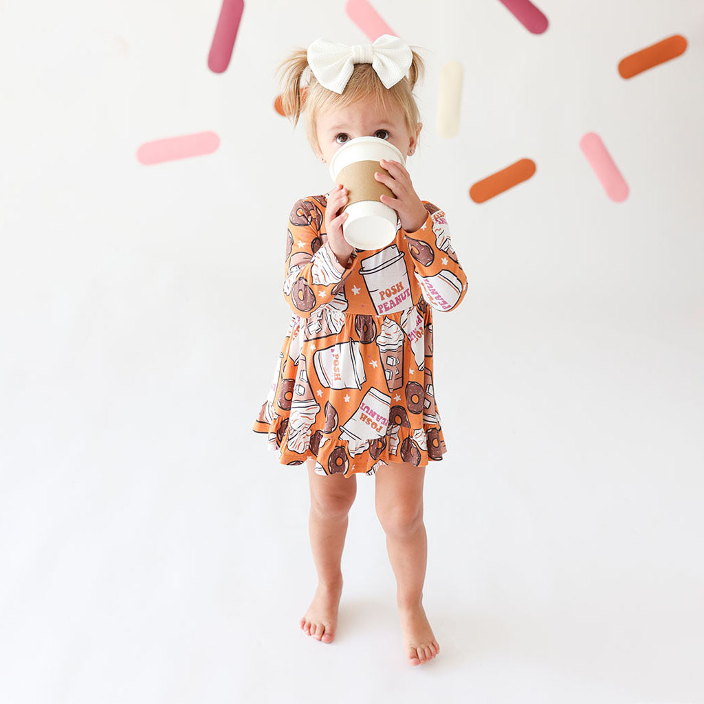 Coffee & Donuts Long Sleeve Ruffled Bodysuit Dress