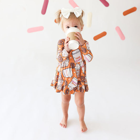 Coffee & Donuts Long Sleeve Ruffled Bodysuit Dress