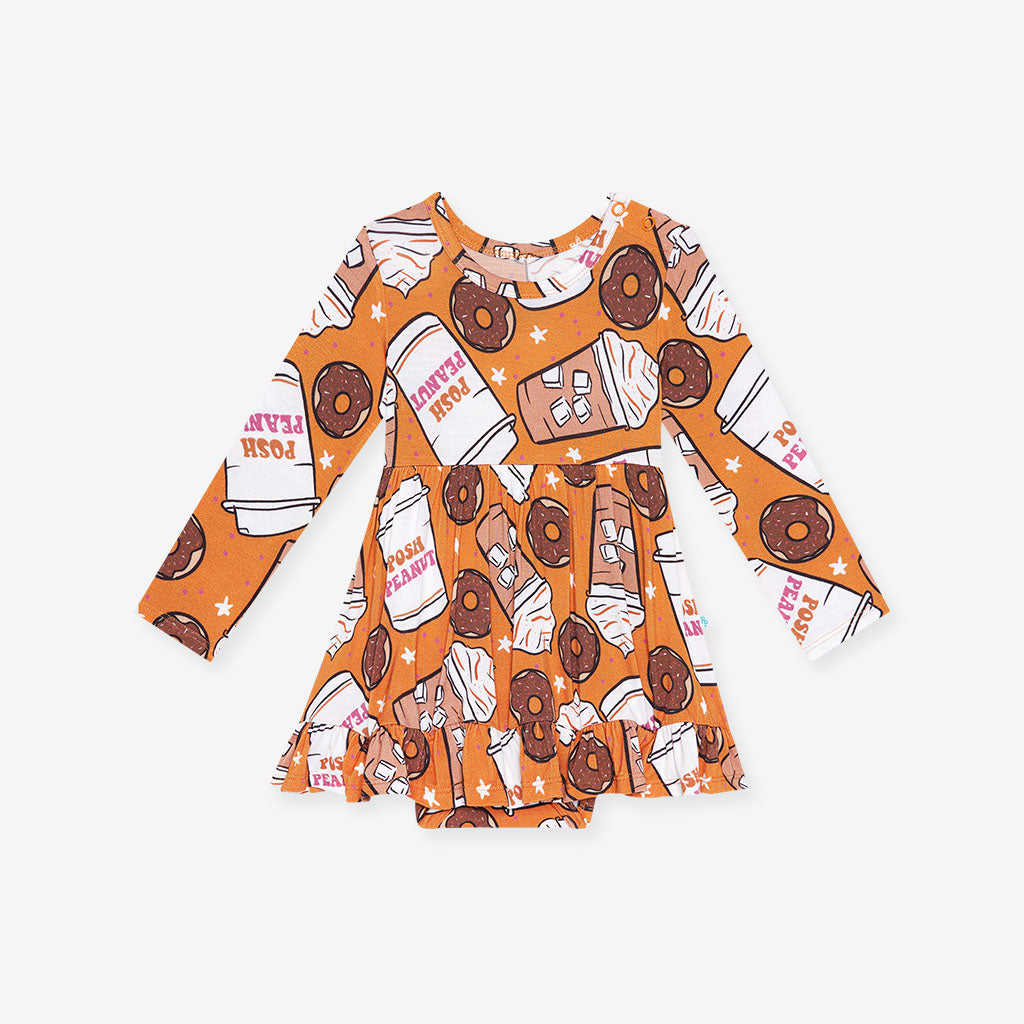 Coffee & Donuts Long Sleeve Ruffled Bodysuit Dress