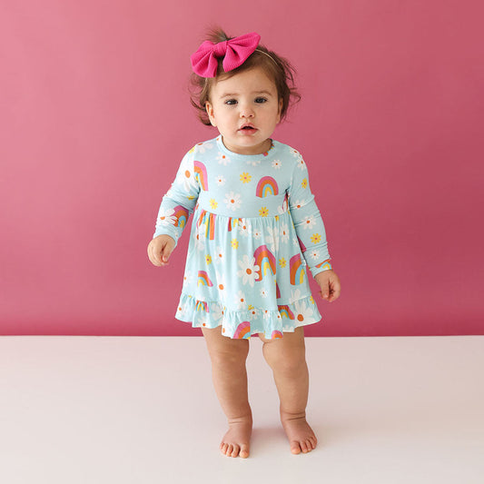 Dancing Daisies Long Sleeve Ruffled Bodysuit Dress