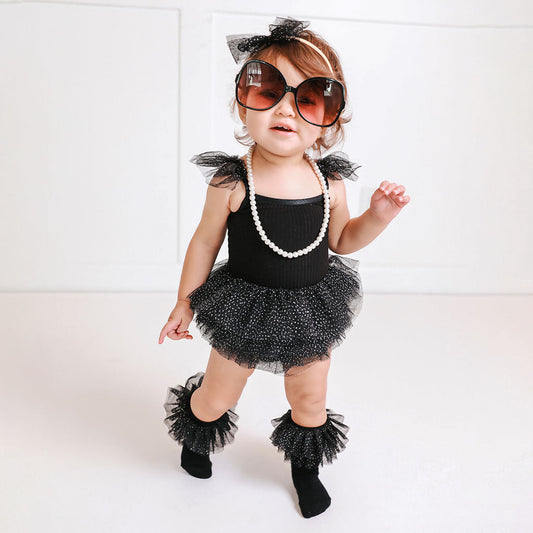Black Ribbed Tulle Smocked Bodysuit Dress