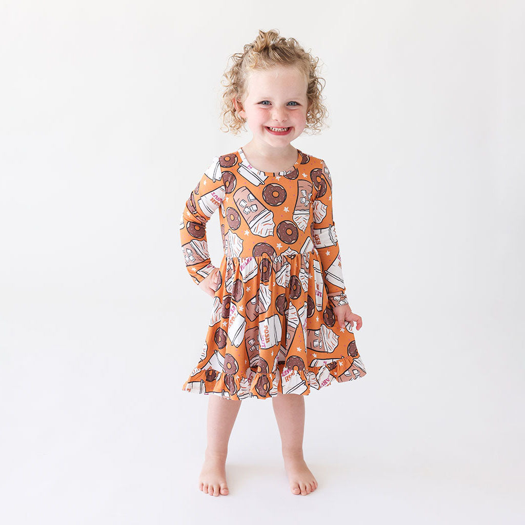 Coffee & Donuts Long Sleeve Ruffled Twirl Dress