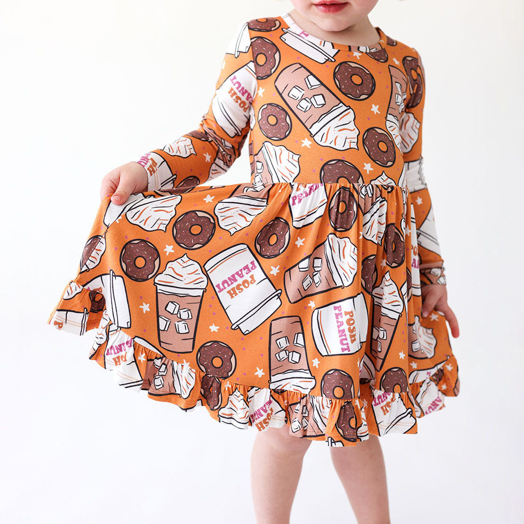Coffee & Donuts Long Sleeve Ruffled Twirl Dress