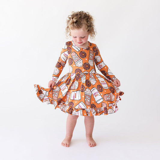Coffee & Donuts Long Sleeve Ruffled Twirl Dress