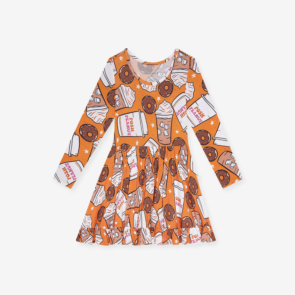 Coffee & Donuts Long Sleeve Ruffled Twirl Dress