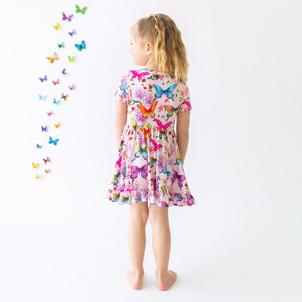 Watercolor Butterfly Short Sleeve Ruffled Twirl Dress