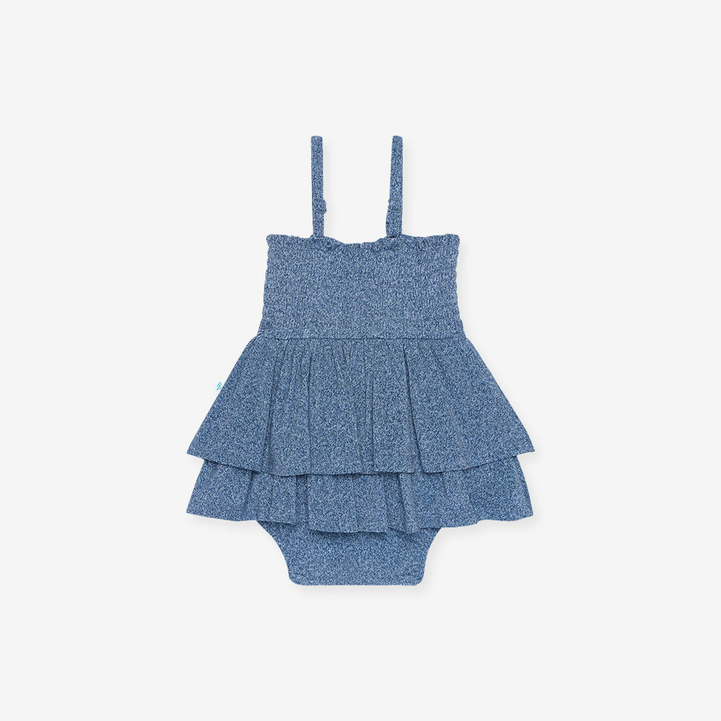 Indigo Denim Smocked Tiered Bodysuit Dress