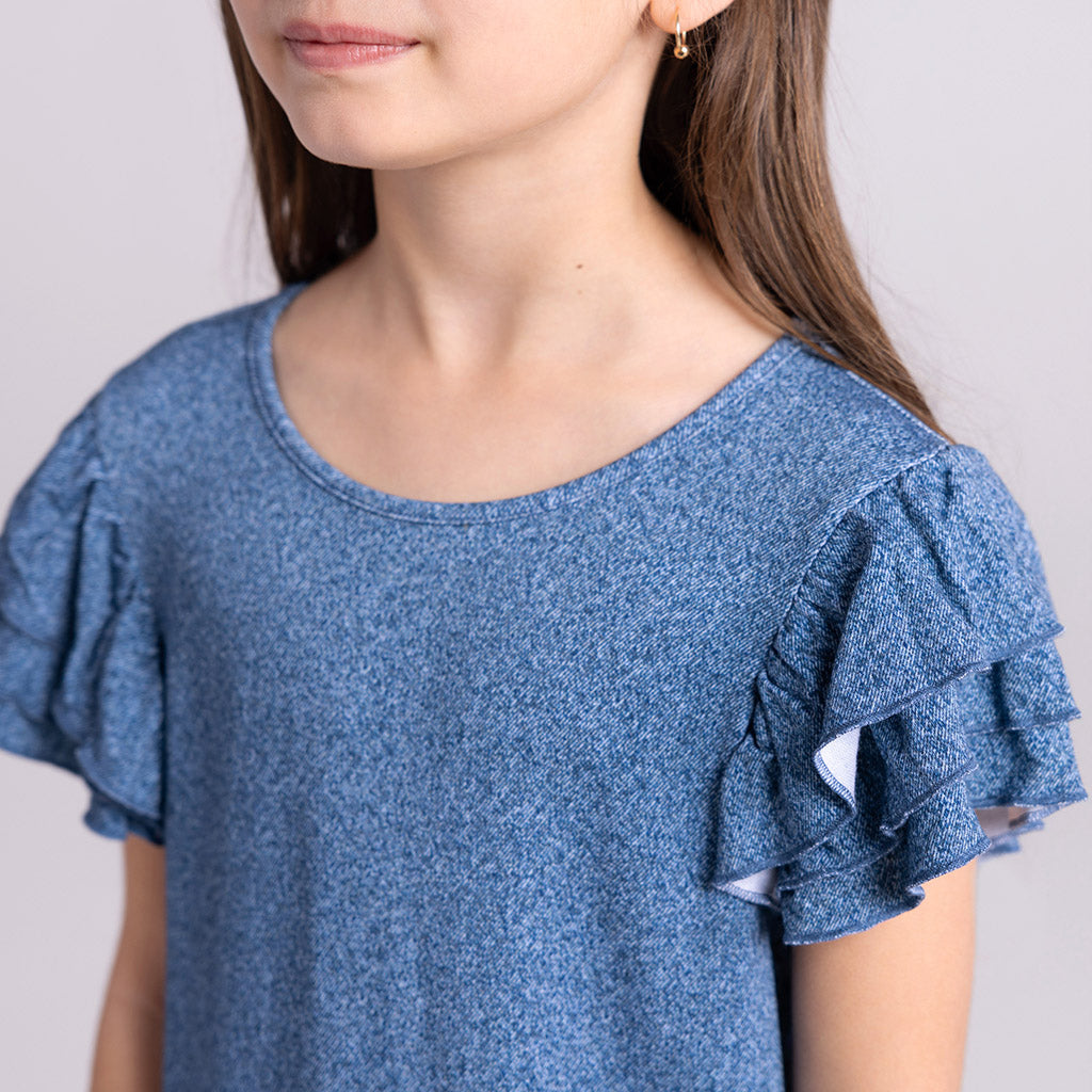 Indigo Denim French Terry Ruffled Dress