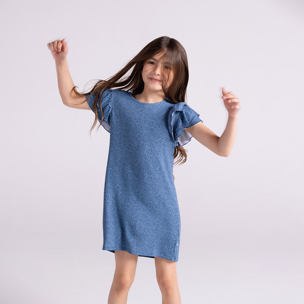 Indigo Denim French Terry Ruffled Dress