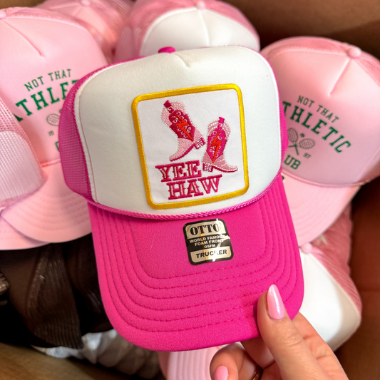 Yeehaw Boots Foam Trucker Hat in Hot Pink and White