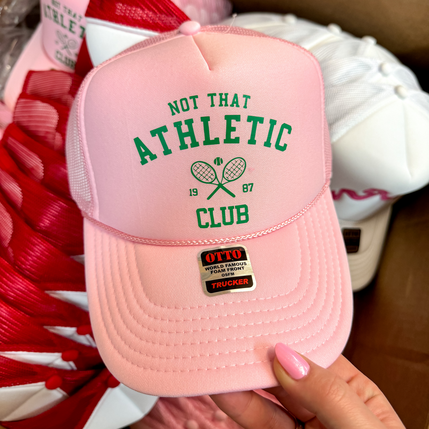 Not That Athletic Club Foam Trucker Hat in Light Pink
