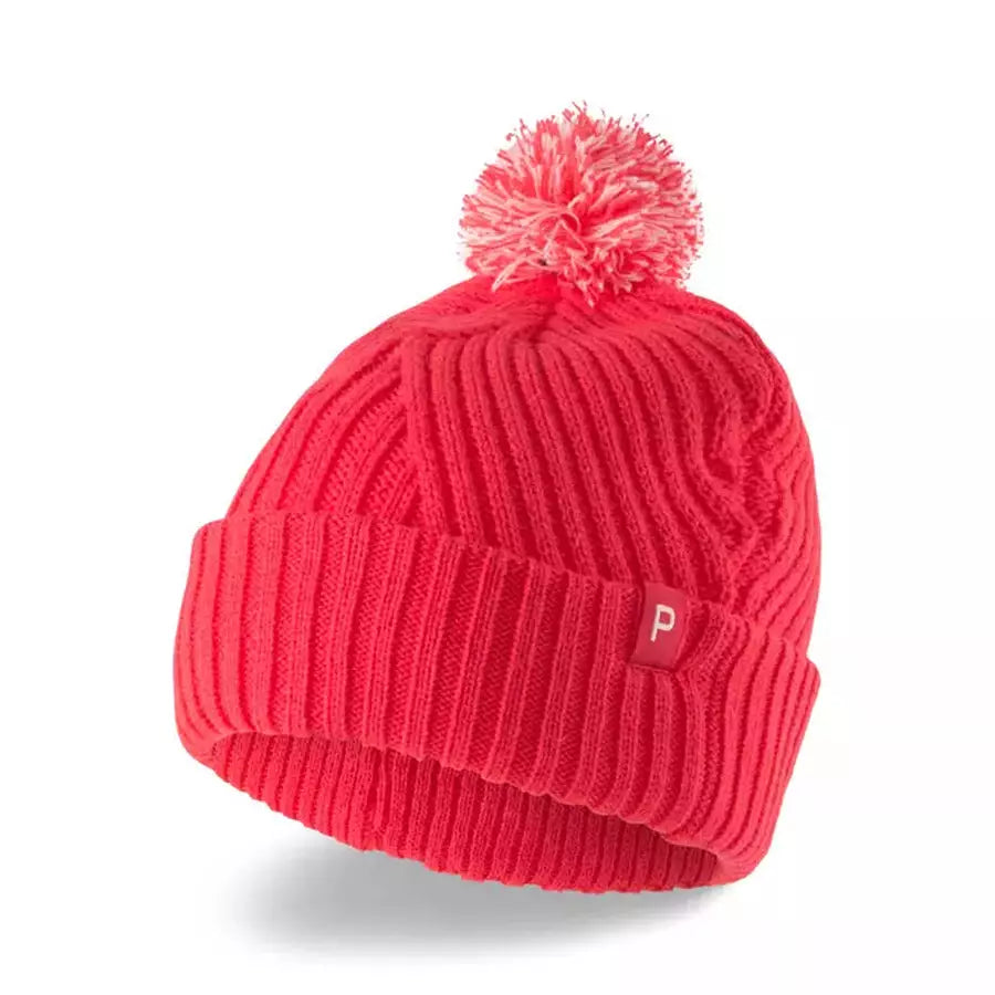 Ladies Puma Removable Pom P Beanie Teaberry/Bright White