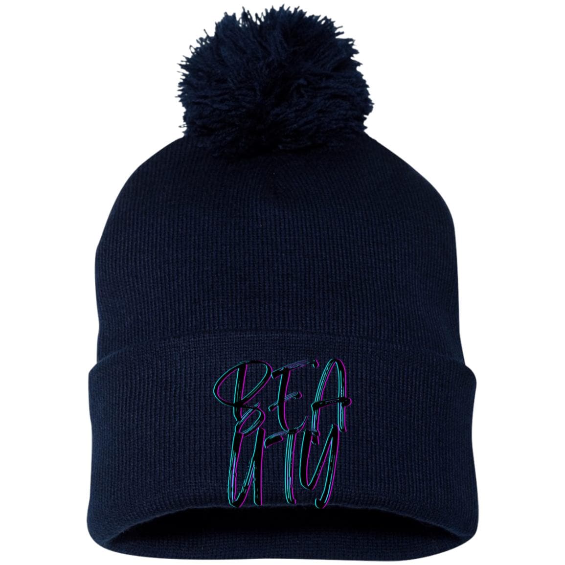 Navy One Size - Beauty Embroidered Pom Pom Knit Cap - Hats at TFC&H Co.