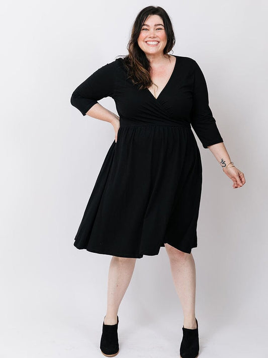 Callie 3/4 Sleeve Wrap Dress - Black Dresses Mata Traders Black 1X