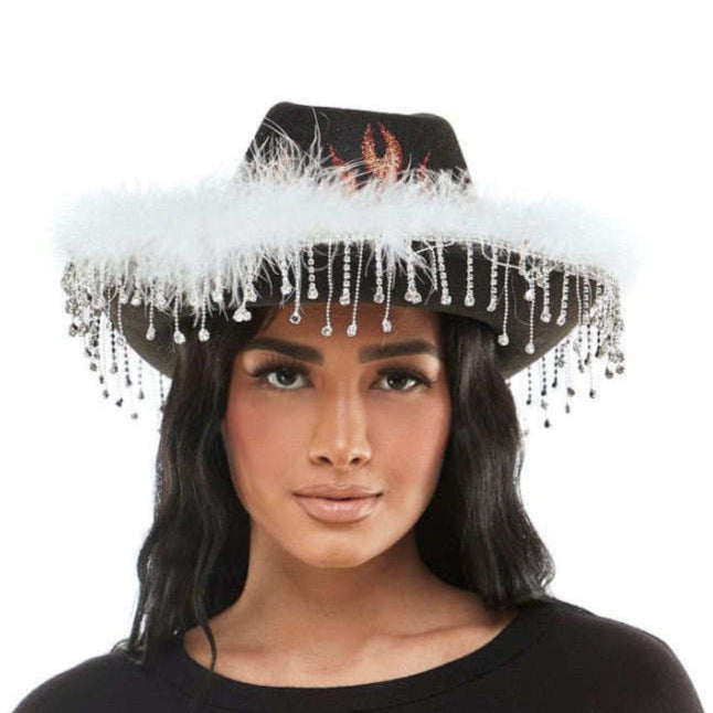 Flaming Rhinestone Fringe Cowboy Hat w/ Feathers