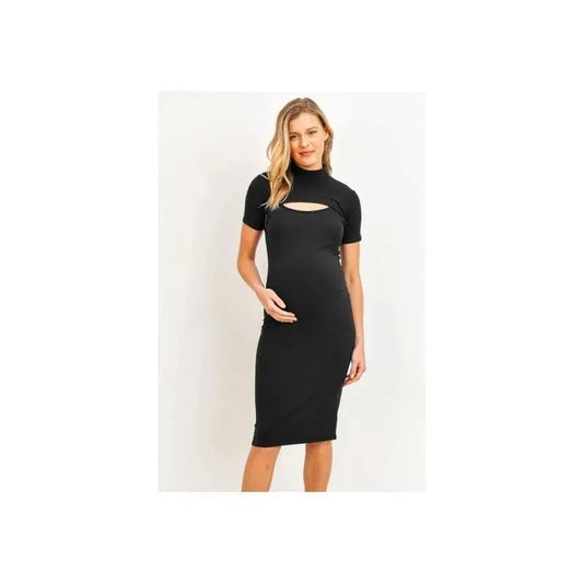 Hello Miz - Midi Solid Maternity Ribbed Dress, Black
