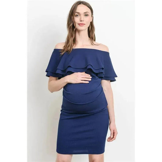 Hello Miz - Off Shoulder Ruffle Maternity Dress, Navy