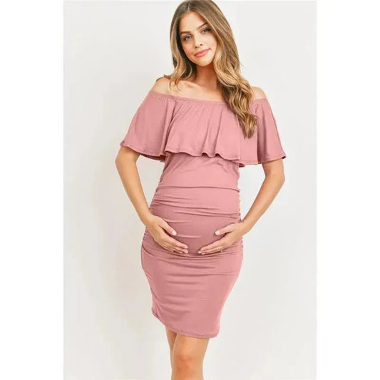 Hello Miz - Off Shoulder Ruffled Maternity Mini Dress, Mauve