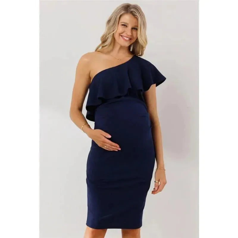 Hello Miz - One Shoulder Ruffle Maternity Dress, Navy