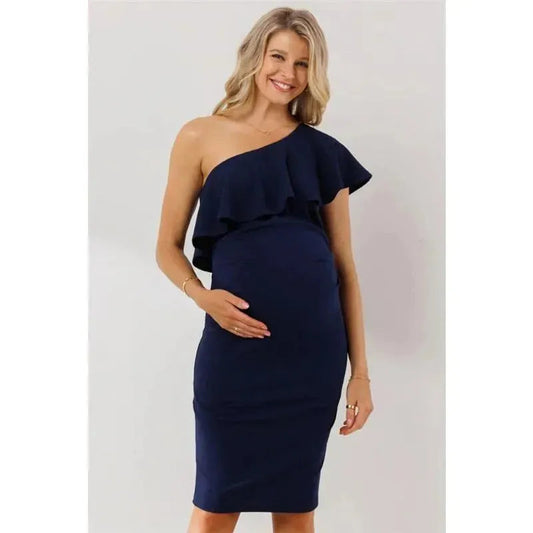 Hello Miz - One Shoulder Ruffle Maternity Dress, Navy