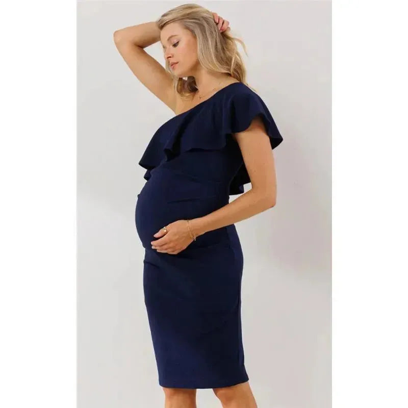 Hello Miz - One Shoulder Ruffle Maternity Dress, Navy