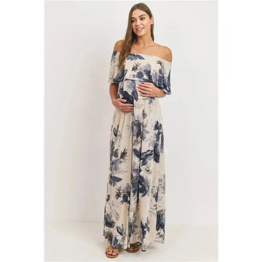 Hello Miz - Ruffle Off The Shoulder Maxi Maternity Dress, Taupe