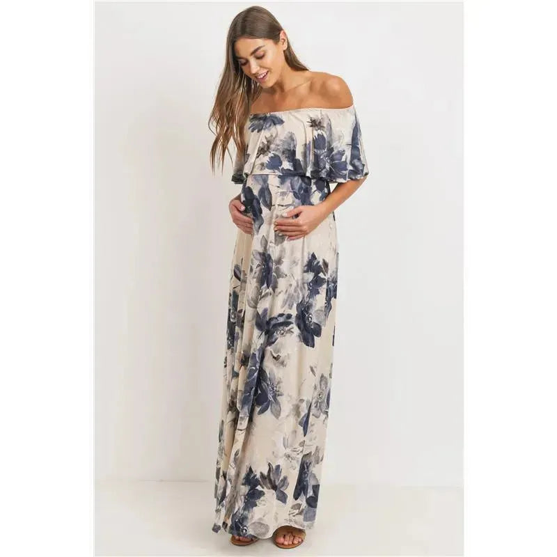 Hello Miz - Ruffle Off The Shoulder Maxi Maternity Dress, Taupe
