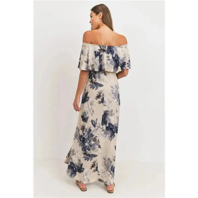 Hello Miz - Ruffle Off The Shoulder Maxi Maternity Dress, Taupe