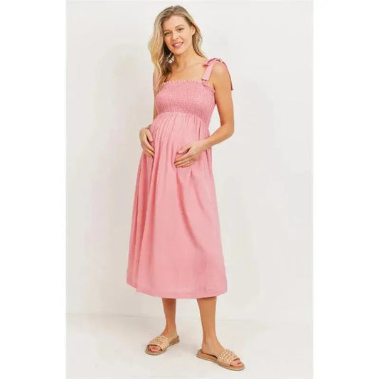 Hello Miz - Smocked Tie Strap Maternity Midi Dress