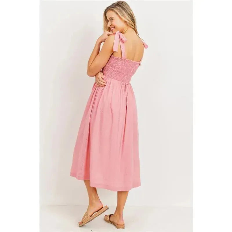 Hello Miz - Smocked Tie Strap Maternity Midi Dress